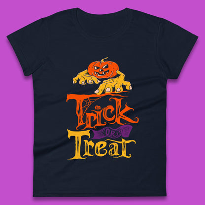 Halloween Trick Or Treat Horror Scary Evil Pumpkin With Zombie Hands Womens Tee Top