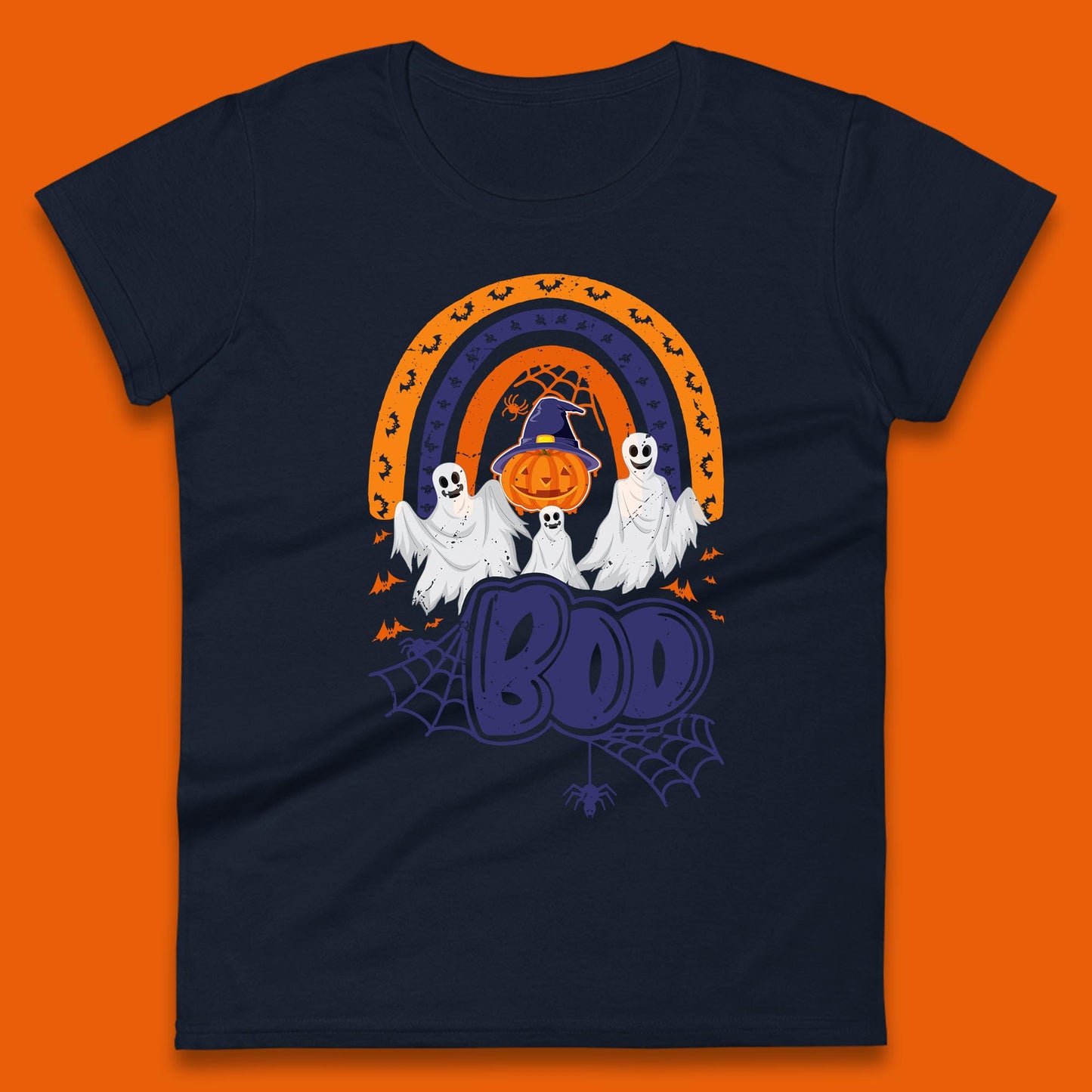 Halloween Boo Ghosts With Witch Pumpkin Scary Spooky Season Womens Tee Top