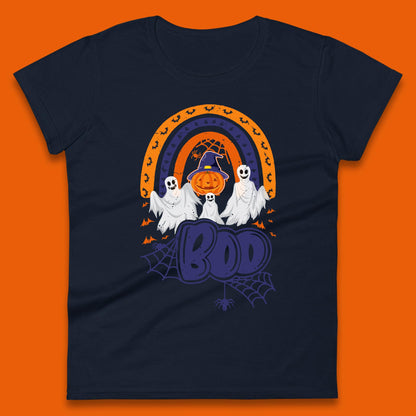 Halloween Boo Ghosts With Witch Pumpkin Scary Spooky Season Womens Tee Top