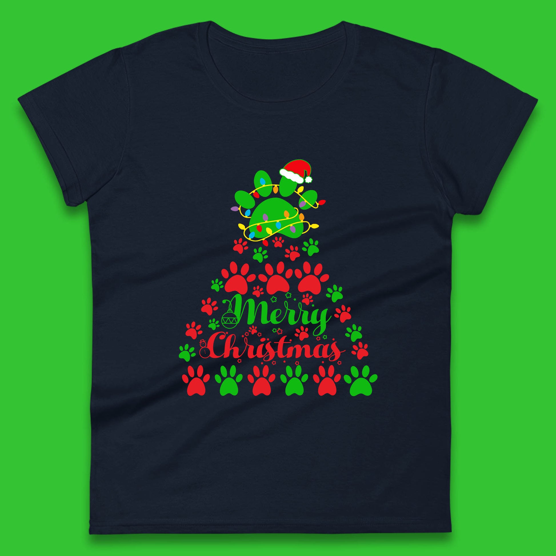merry christmas paws tree womens t shirt