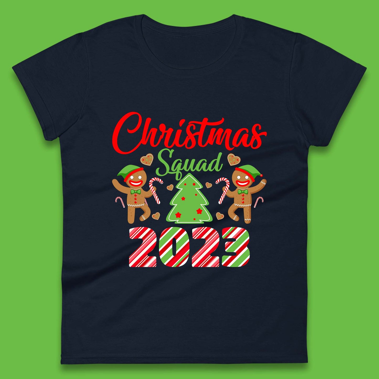 Christmas Squad 2023 Christmas Tree Xmas Gingerbread Man with Candy Cane Womens Tee Top