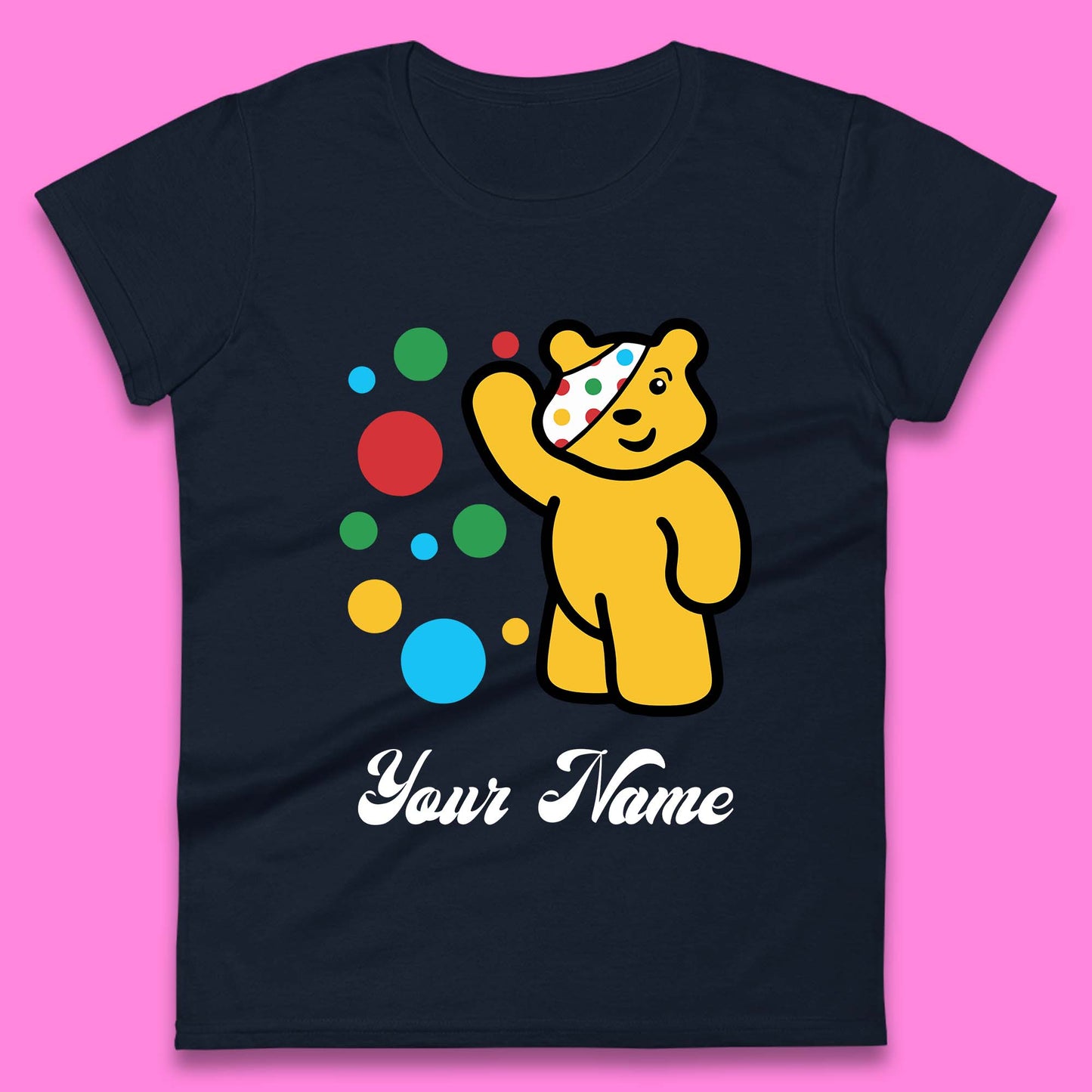 Personalised Spotty Pudsey Bear Hand Waving Dotty Spot Your Name Fundraising Spotty Bear Spotty Day Womens Tee Top