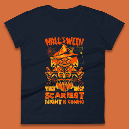 Halloween The Most Scariest Night Is Coming Halloween Scarecrow Jack O Lantern Scary Night Womens Tee Top