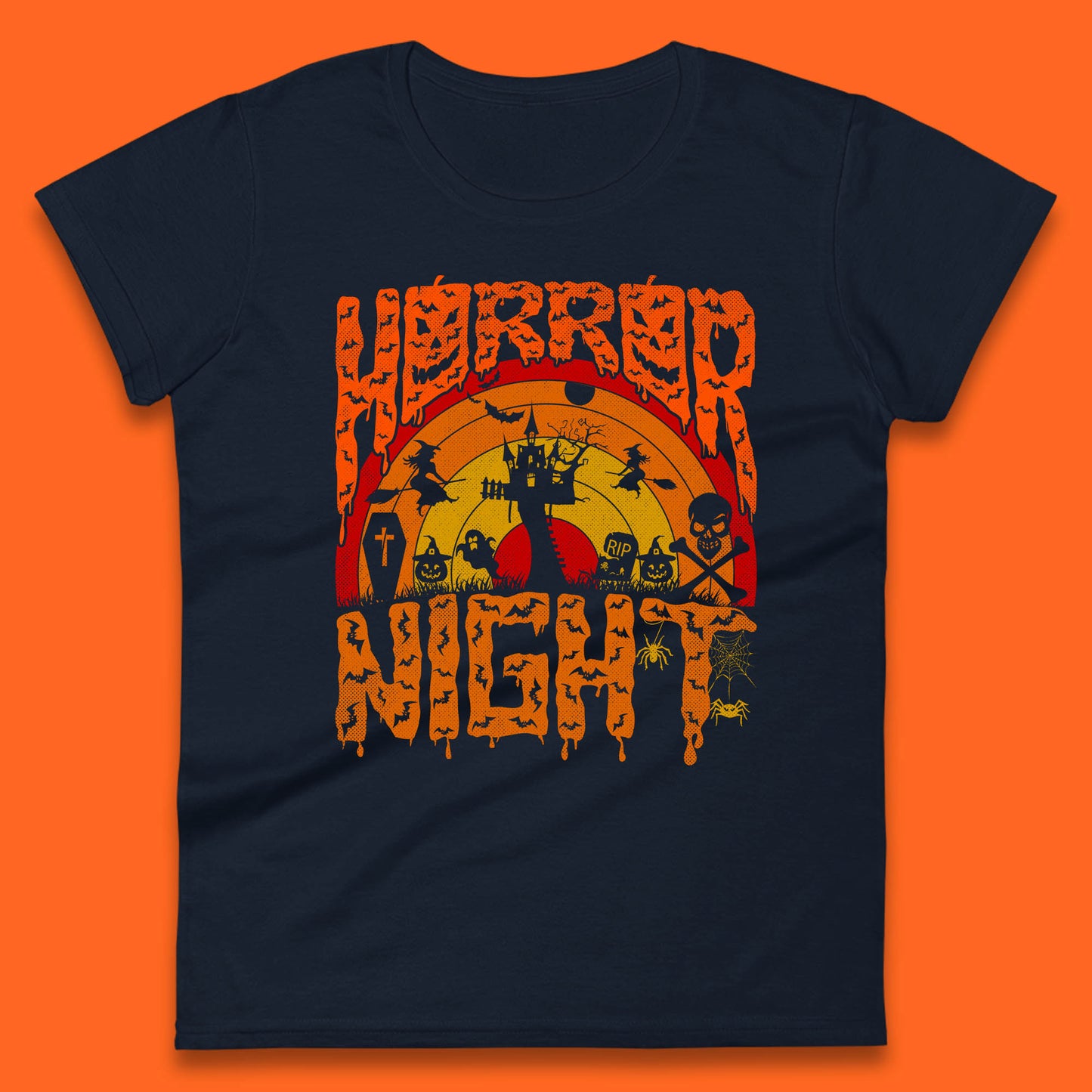 Halloween Horror Night Vintage Rainbow Flying witches Scary Boo Spooky Festive Night Womens Tee Top