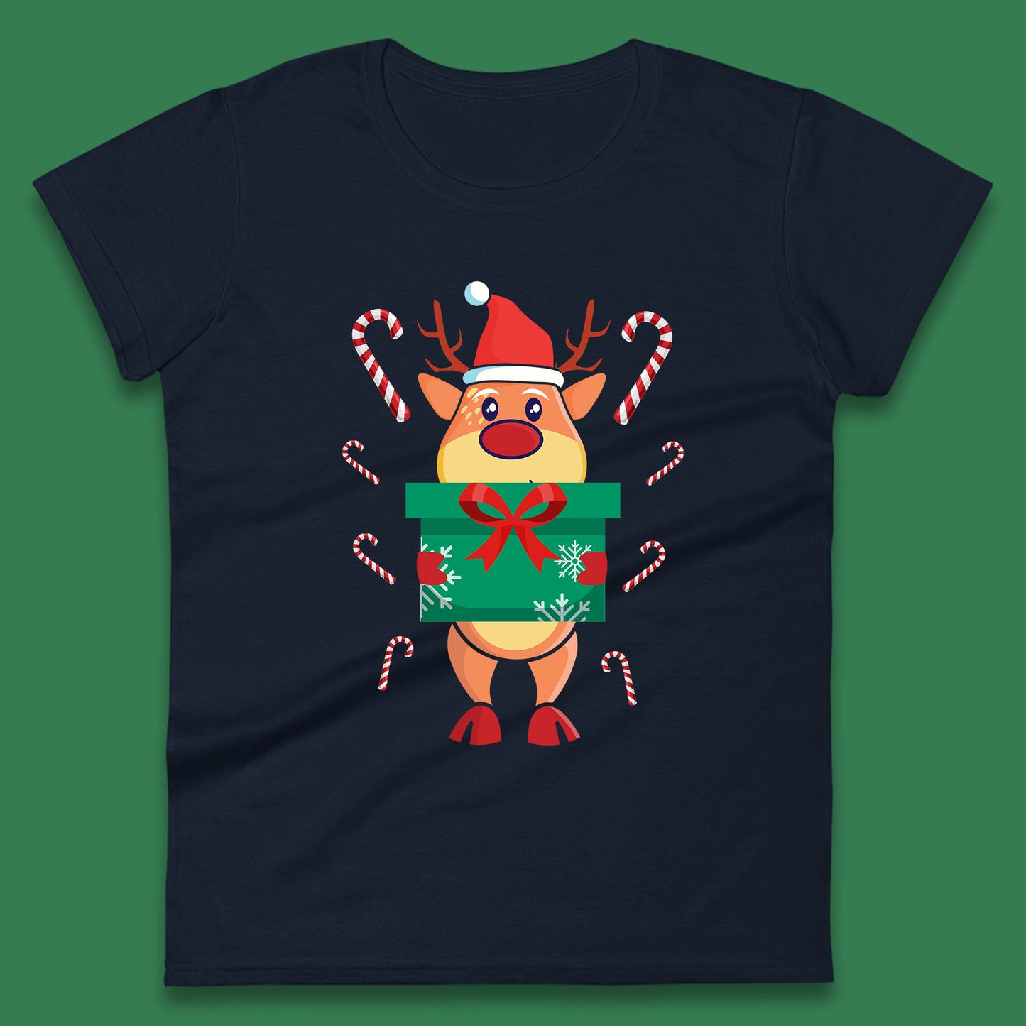 reindeer holding gift christmas womens t shirt