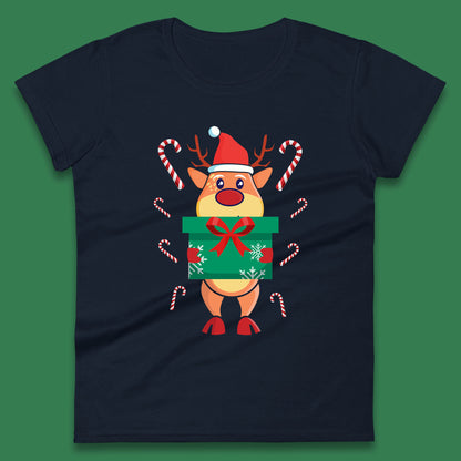 reindeer holding gift christmas womens t shirt