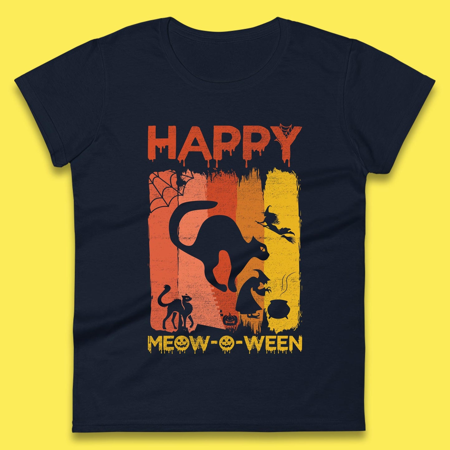 Happy Meow-O-ween Funny Halloween Black Cat Scary Spooky Womens Tee Top