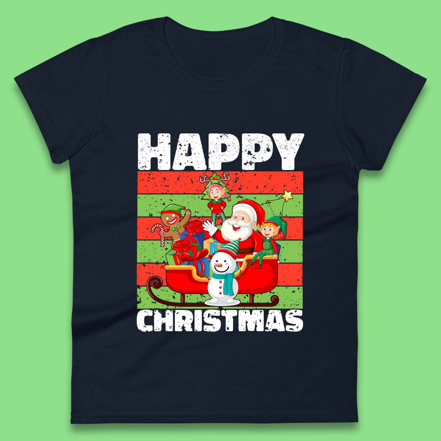 santa and friends on sleigh christmas womens t shirt