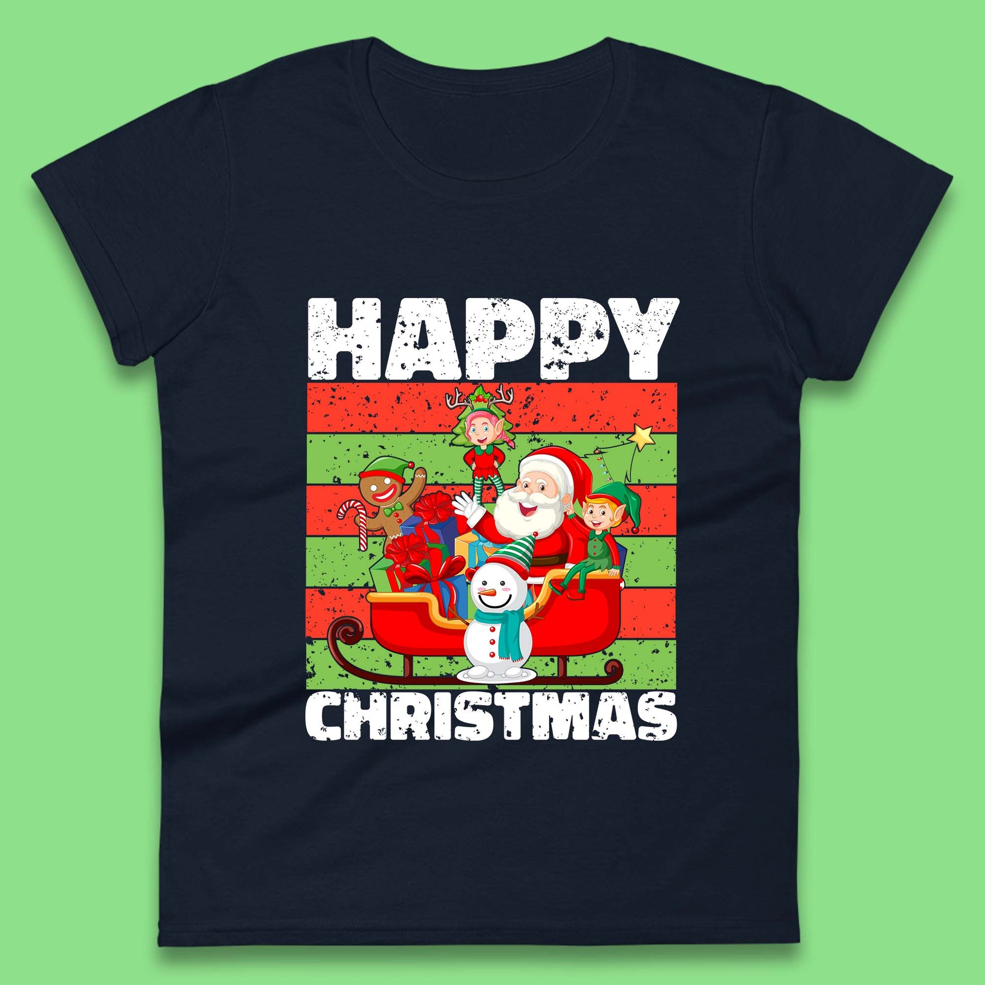 santa and friends on sleigh christmas womens t shirt