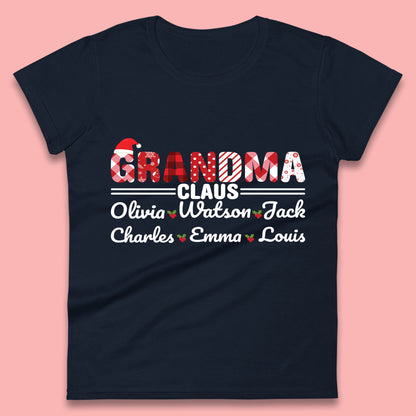 Personalized Grandma Claus Christmas Grandkids Names Santa Hat Xmas Womens Tee Top