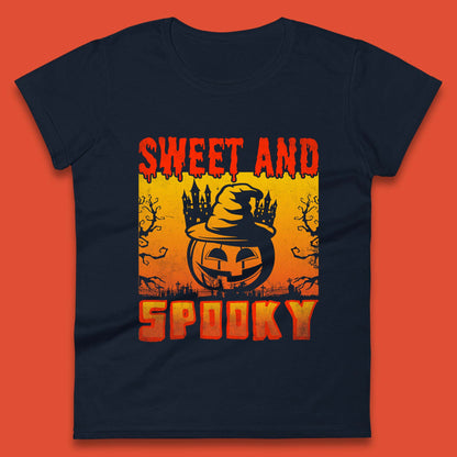 Sweet And Spooky Happy Halloween Witch Hat Pumpkin Horror Scary Season Womens Tee Top