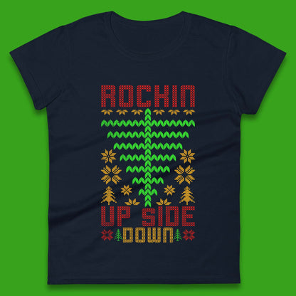 Rockin Up Side Down Christmas Tree Stranger Things Womens T Shirt