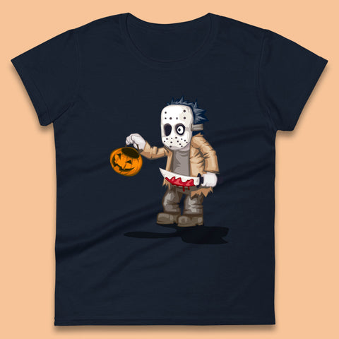 Chibi Jason Voorhees Holding Bloody Knife And Pumpkin Bucket Halloween Friday The 13th Horror Movie Womens Tee Top