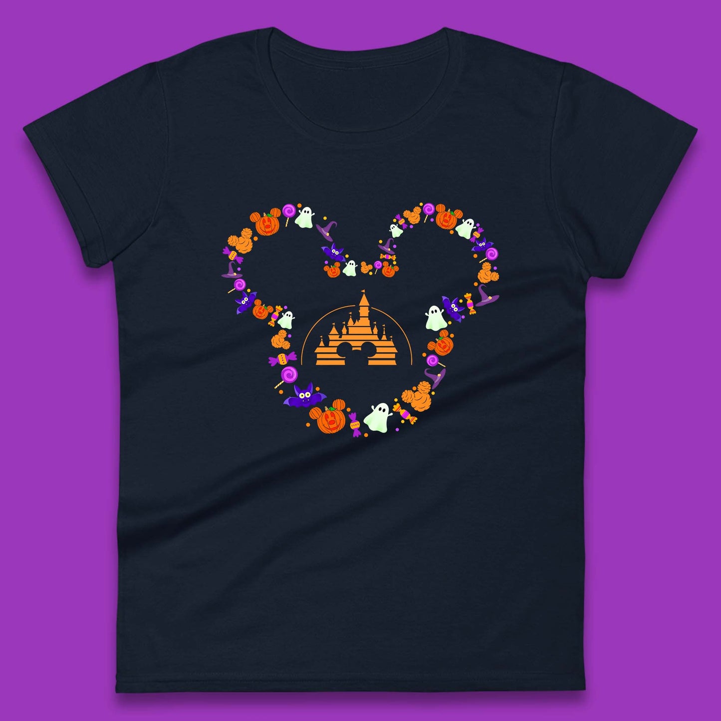 Disney Halloween Mickey Mouse Head Disney Castle Halloween Elements Horror Scary Womens Tee Top