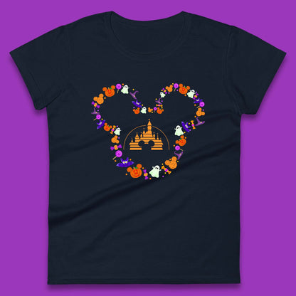 Disney Halloween Mickey Mouse Head Disney Castle Halloween Elements Horror Scary Womens Tee Top