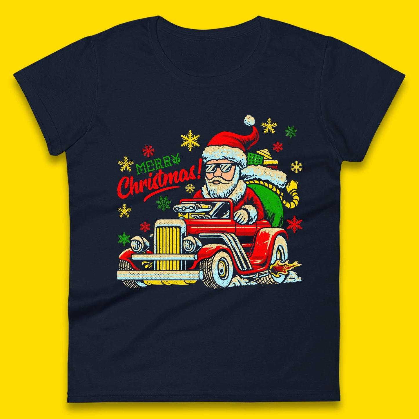 santa drives a hot rod car womens t shirt