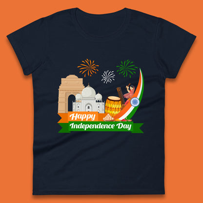 Happy India Independence Day 15th August Patriotic Indian Flag India Architectural Landmarks Womens Tee Top