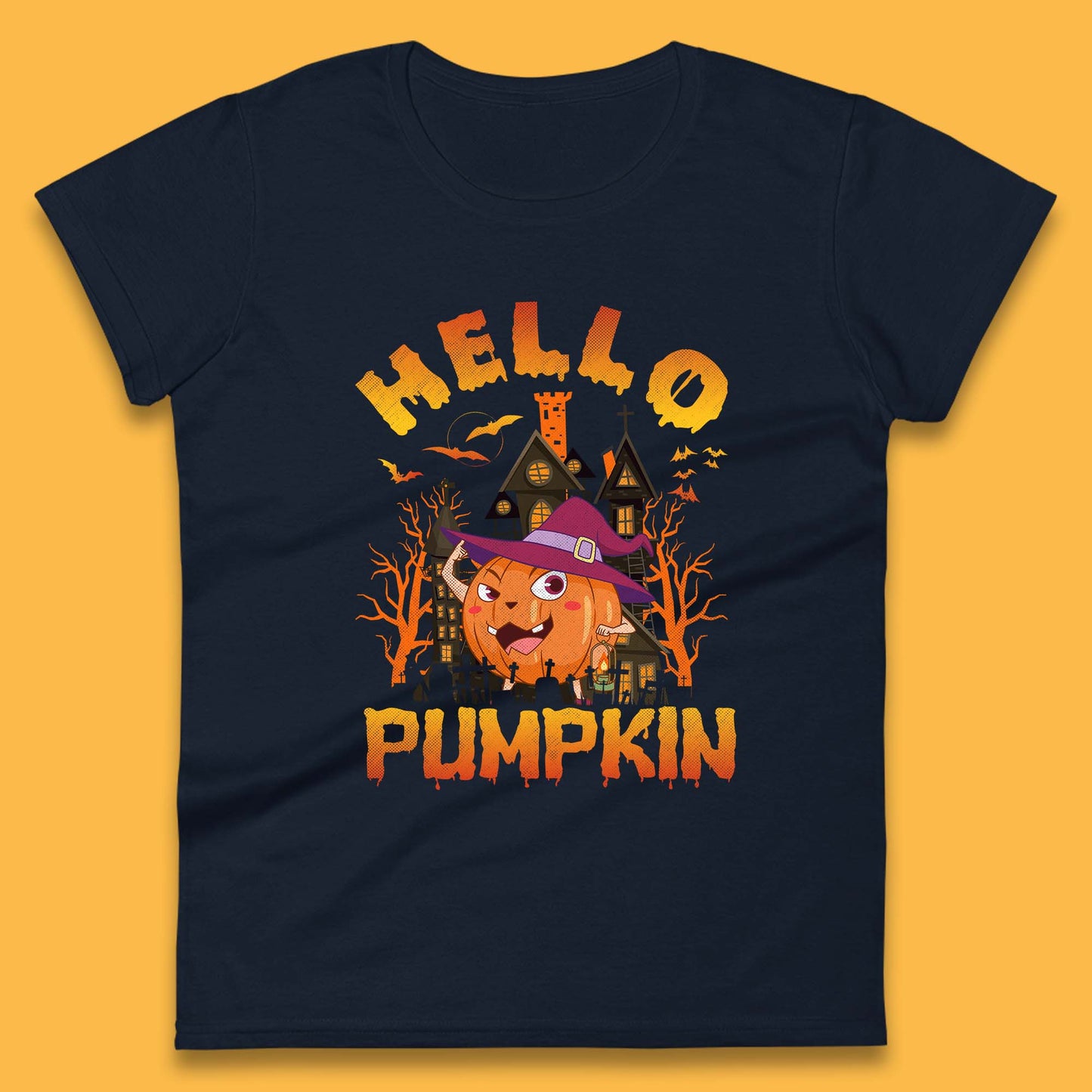 Hello Pumpkin Cartoon Halloween Pumpkin With Witch Hat Devil Smile Haunted Castle Womens Tee Top