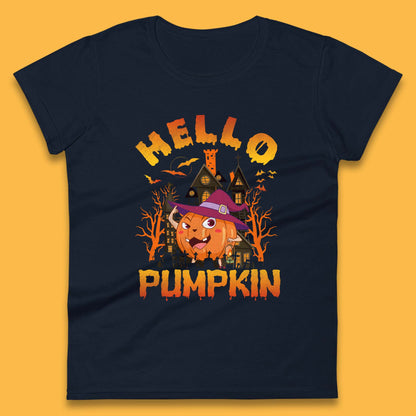 Hello Pumpkin Cartoon Halloween Pumpkin With Witch Hat Devil Smile Haunted Castle Womens Tee Top
