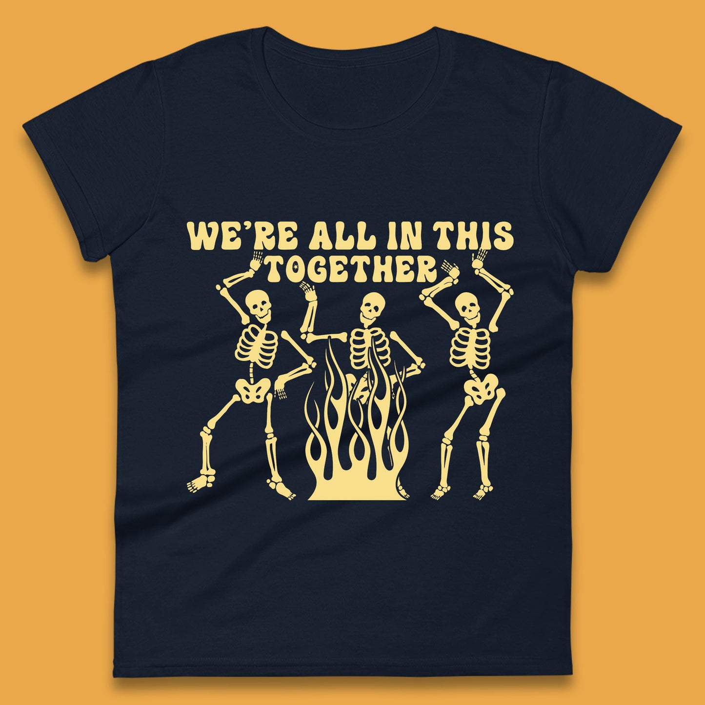 We're All In This Together Dancing Skeletons Halloween Day Spooky Season Womens Tee Top