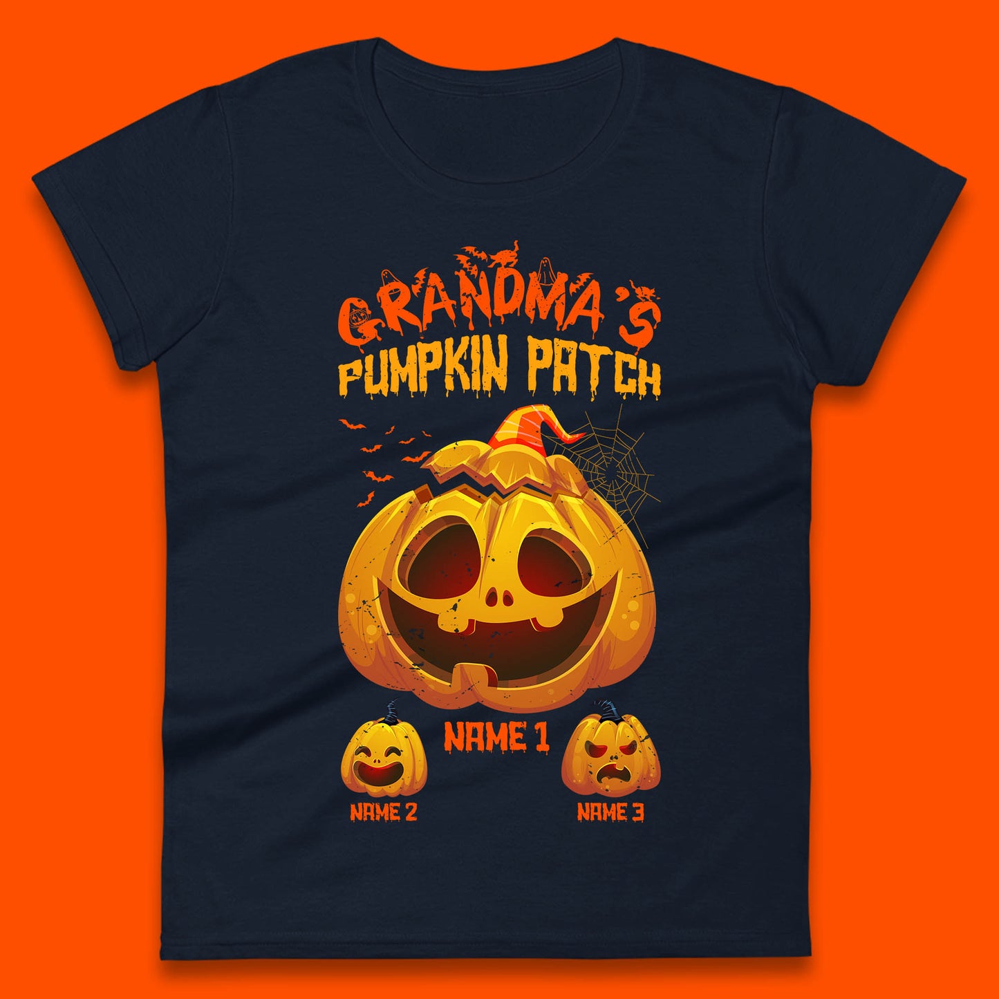 Personalised Grandma's Pumpkin Patch Halloween Grandma Pumpkin With Grandkid Names Gift Womens Tee Top