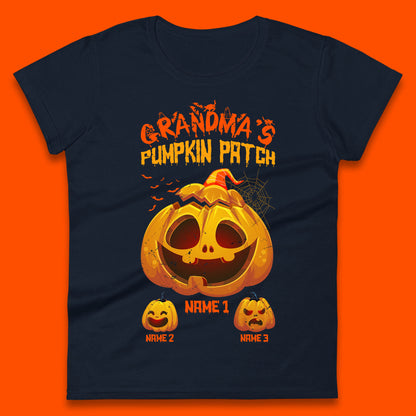 Personalised Grandma's Pumpkin Patch Halloween Grandma Pumpkin With Grandkid Names Gift Womens Tee Top
