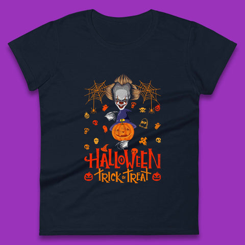 Halloween Trick Or Treat Witch Hat Pumpkin IT Pennywise Clown Horror Scary Movie Fictional Character Womens Tee Top