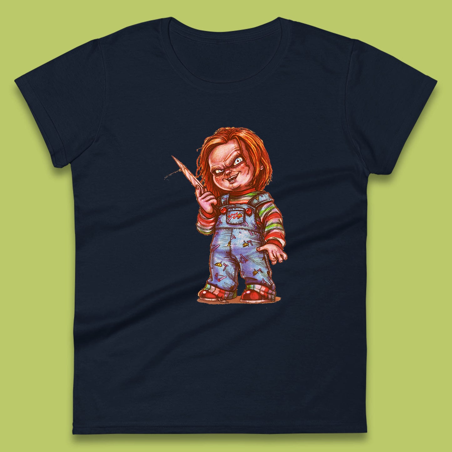The Horror Movie Character Chucky With Knife Serial Killer Halloween Horror Movie Inspired Chucky Womens Tee Top