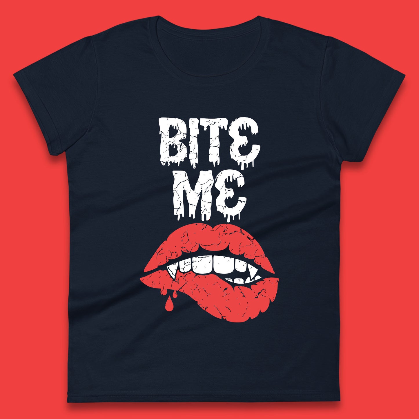 Bite Me Vampire Fangs Halloween Horror Lips Halloween Spooky Party Costume Womens Tee Top