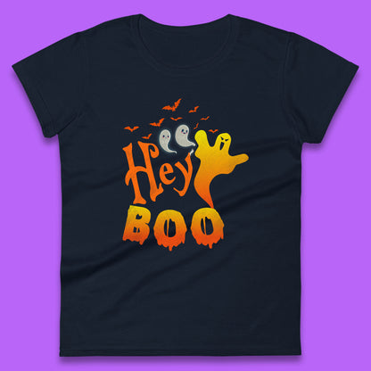 Whispers in the Moonlit Night Hey Boo Horror Scary Costume Halloween Boo Wear Womens Tee Top