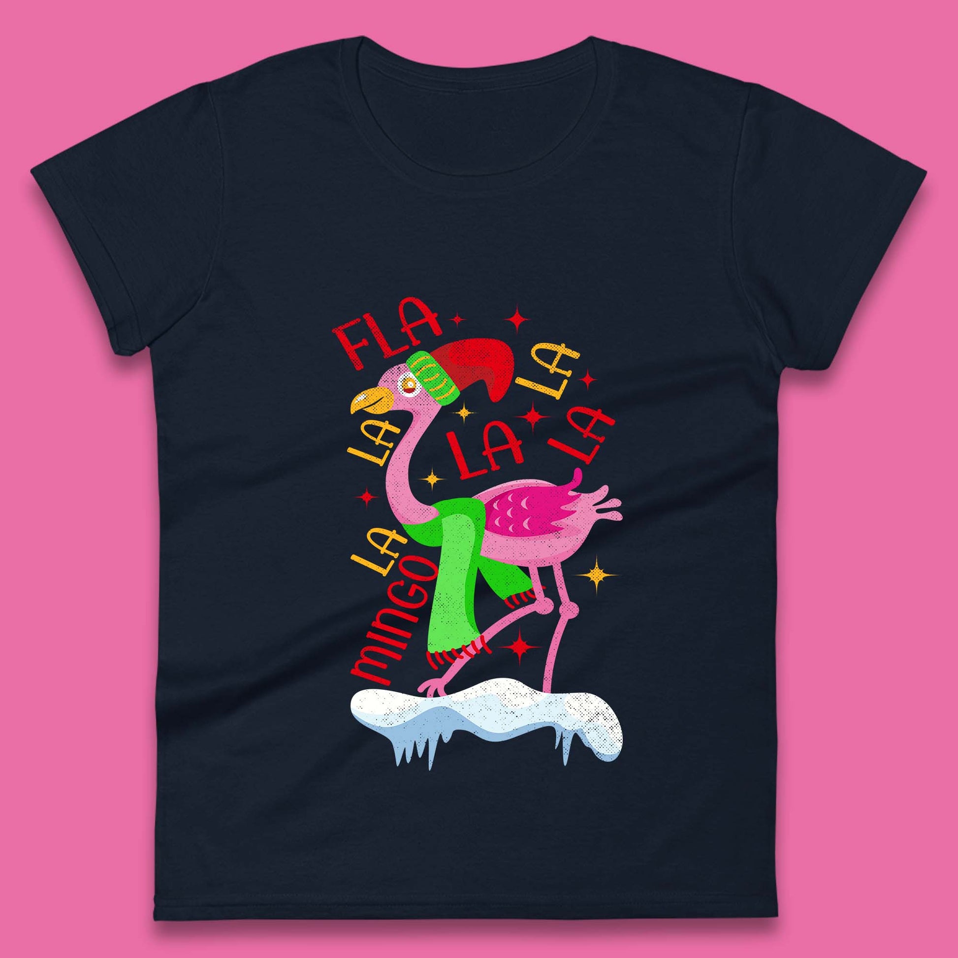 pink flamingo christmas womens t shirt
