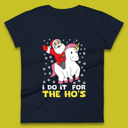 santa riding unicorn womens t shirt