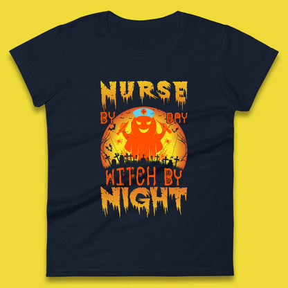 Nurse By Day Witch By Night Halloween Nurse Witch Ghost Costume Womens Tee Top