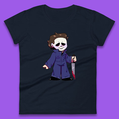 Chibi Michael Myers Holding Bloody Knife Halloween Serial Killer Horror Movie Character Womens Tee Top
