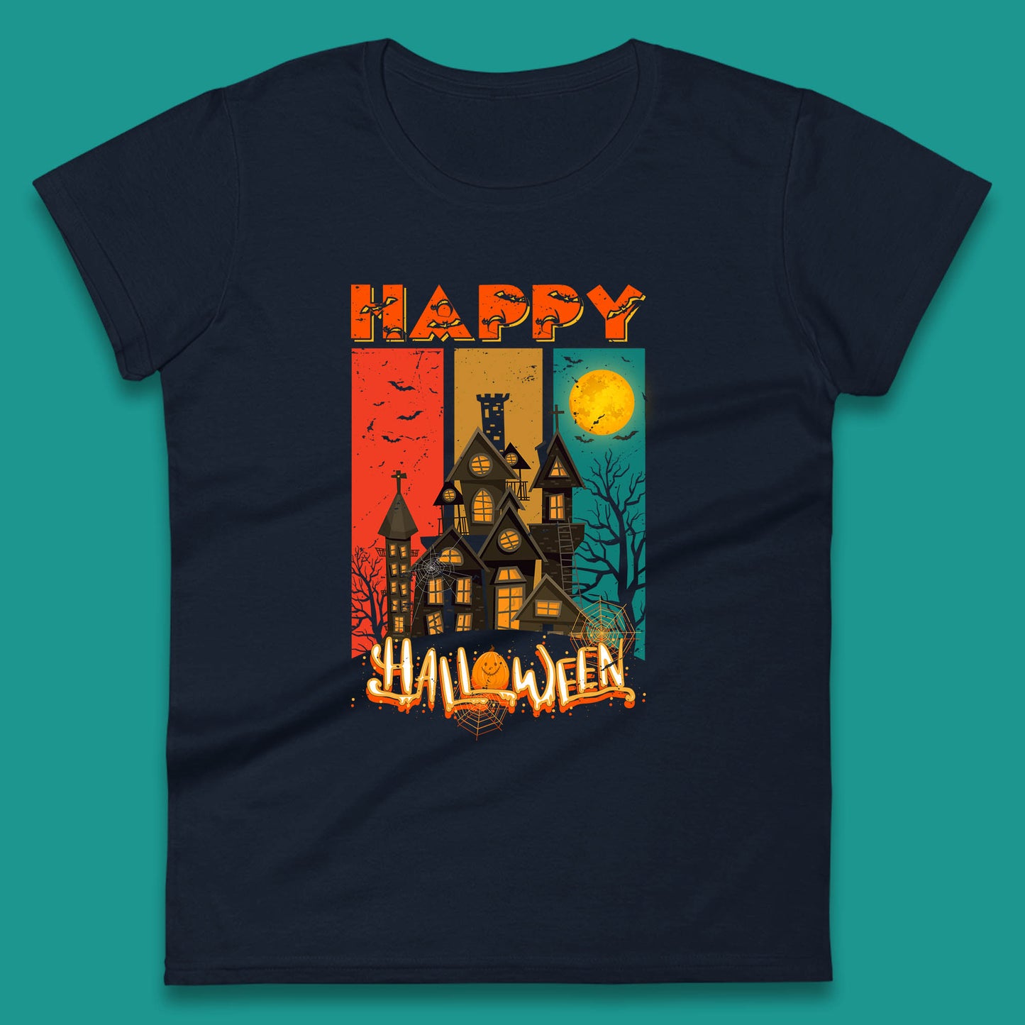 Happy Halloween Vintage Style Horror Scary Haunted House Womens Tee Top