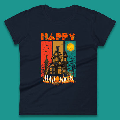 Happy Halloween Vintage Style Horror Scary Haunted House Womens Tee Top