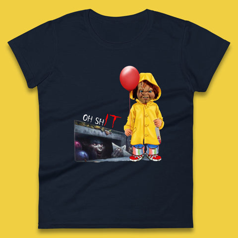 Oh Shit Pennywise Chucky Clown Spoof Halloween IT Pennywise Clown Horror Movie Character Womens Tee Top