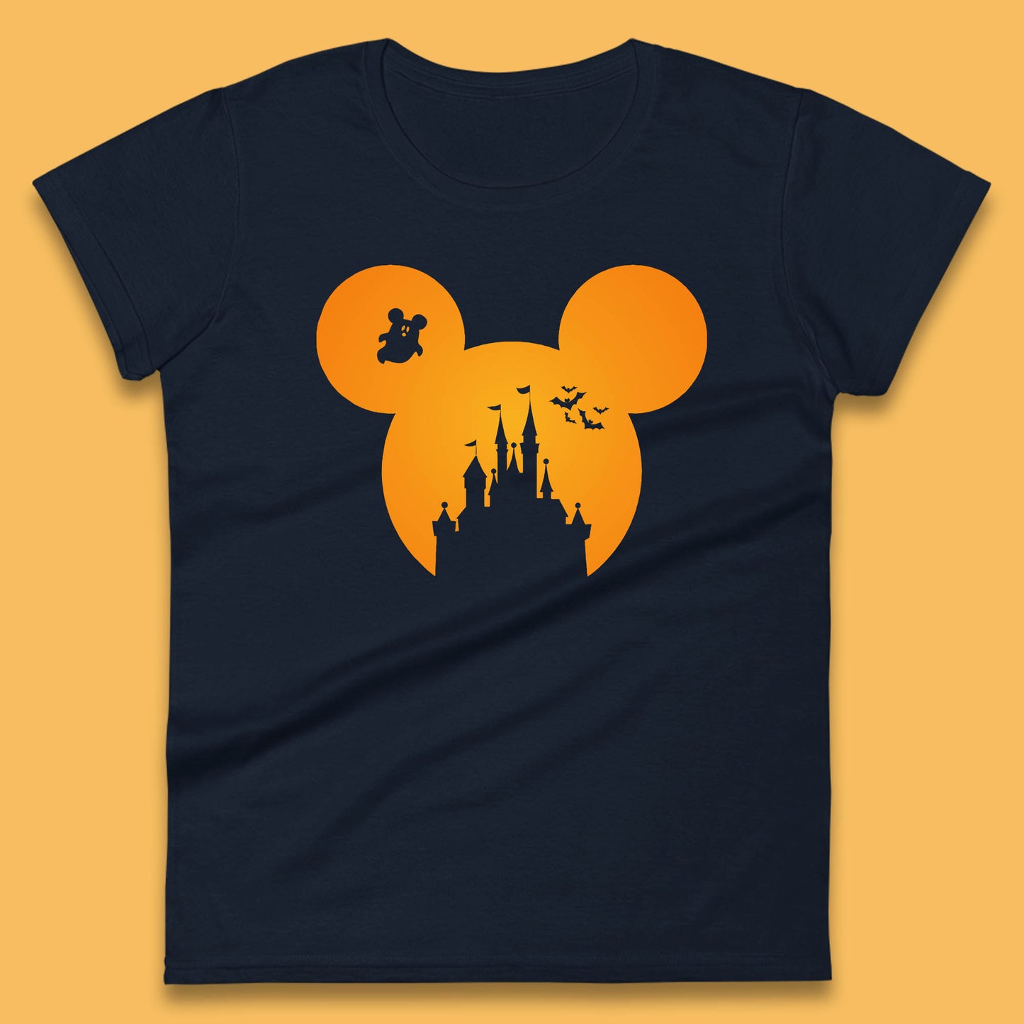 Disney Mickey Mouse Happy Halloween Disney Castle Halloween Scary Boo Flying Bats Womens Tee Top