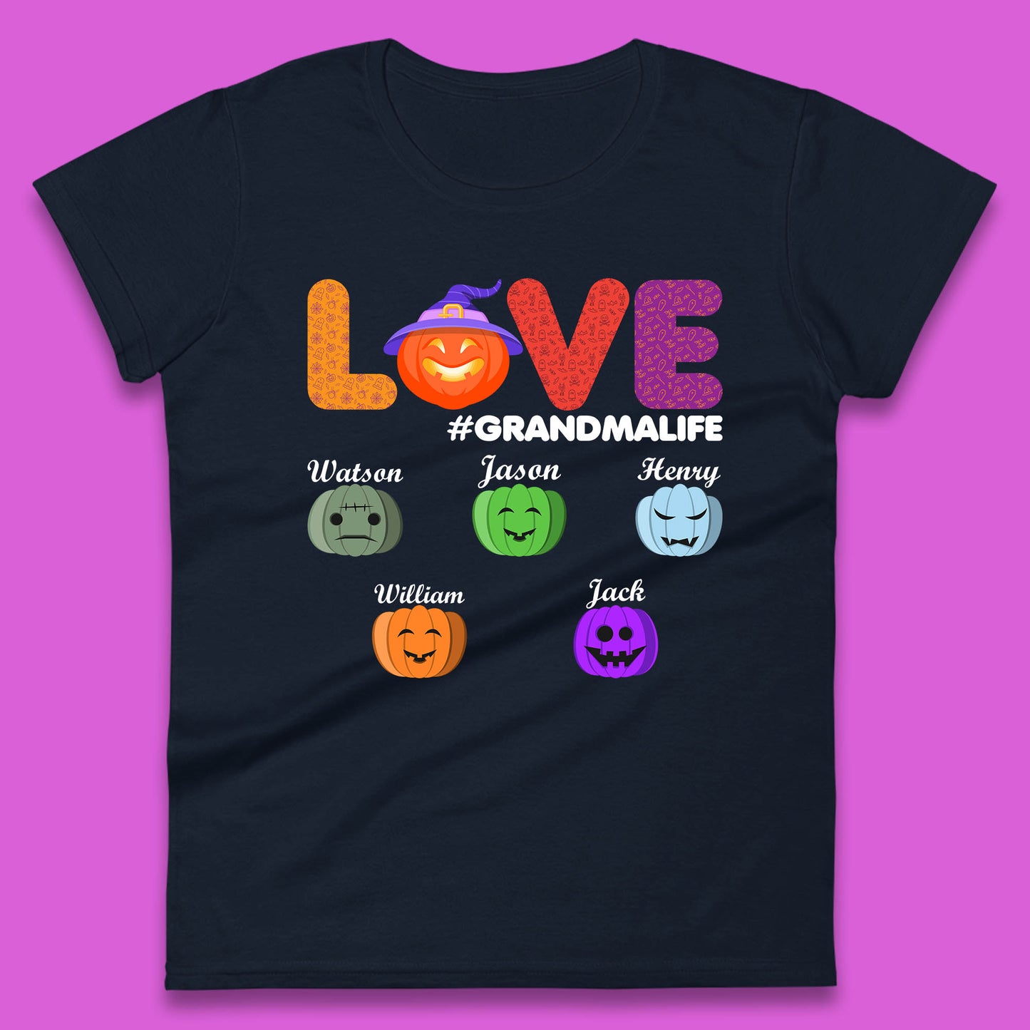 Personalised Love Grandma Life Your Name Halloween Grandma Witch Hat With Grandkids Names Womens Tee Top