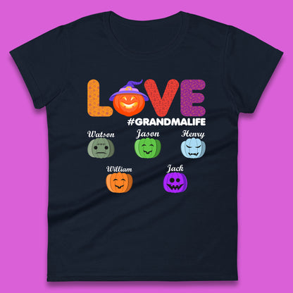 Personalised Love Grandma Life Your Name Halloween Grandma Witch Hat With Grandkids Names Womens Tee Top