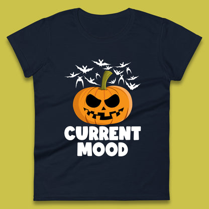 Current Mood Halloween Pumpkin Ghost Evil Scary Smile Face Horror Jack-o-lantern Womens Tee Top