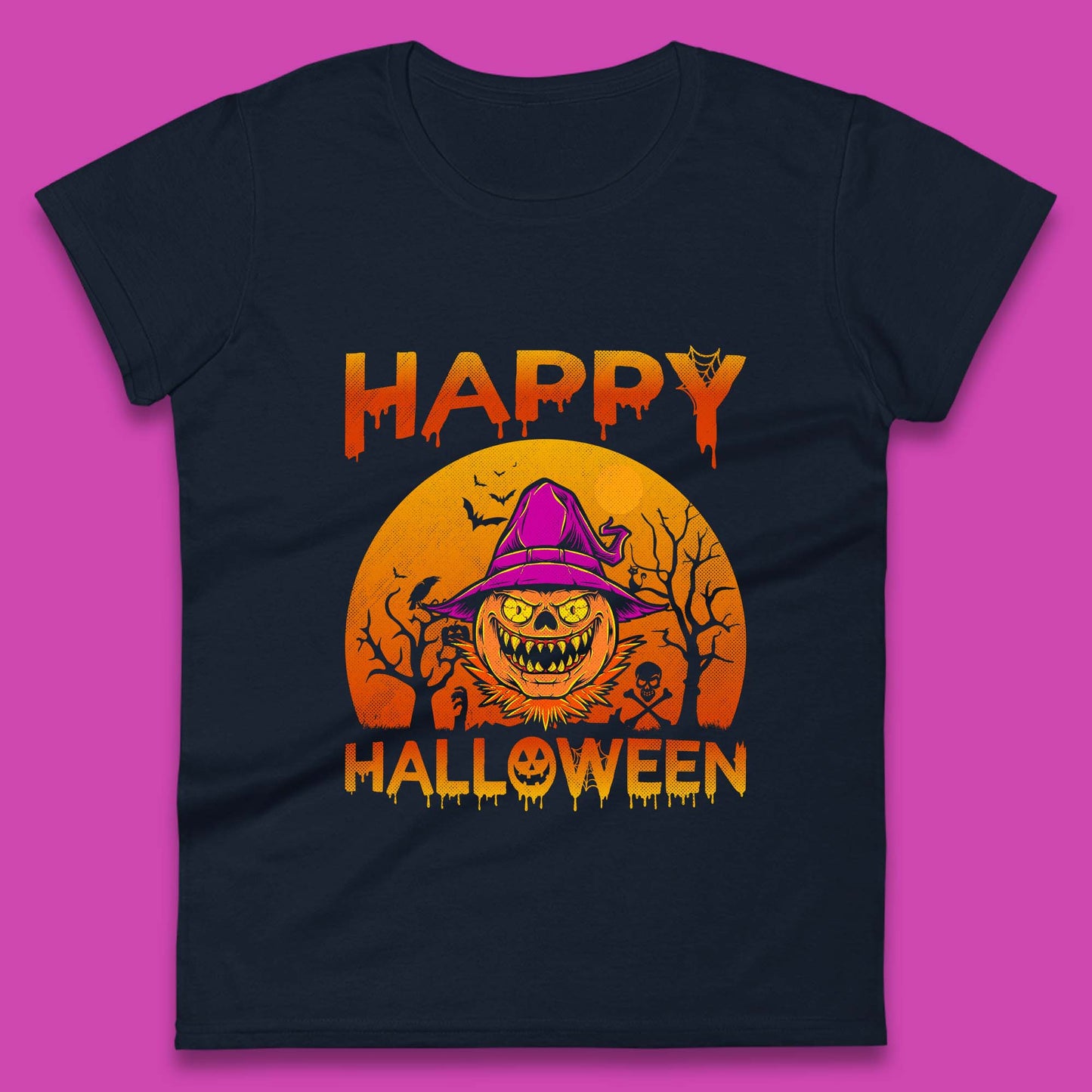 Happy Halloween Monster Pumpkin With Witch Hat Horror Scary Spooky Season Womens Tee Top