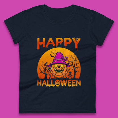 Happy Halloween Monster Pumpkin With Witch Hat Horror Scary Spooky Season Womens Tee Top