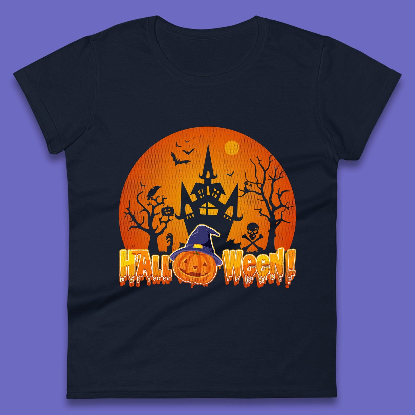 Halloween Pumpkin Witch Hat Haunted Castle Flying Bats Skull Bones Scary Dark Night Womens Tee Top