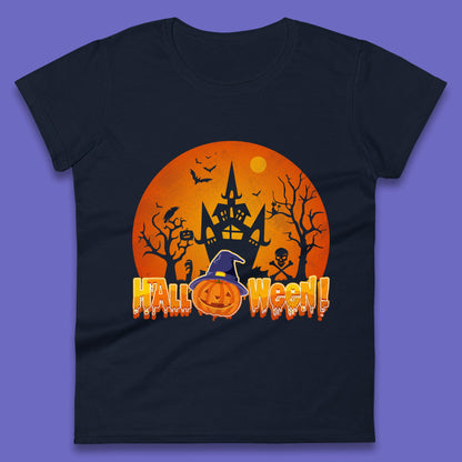 Halloween Pumpkin Witch Hat Haunted Castle Flying Bats Skull Bones Scary Dark Night Womens Tee Top