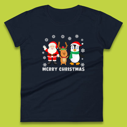 merry christmas penguin santa claus and reindeer t shirt