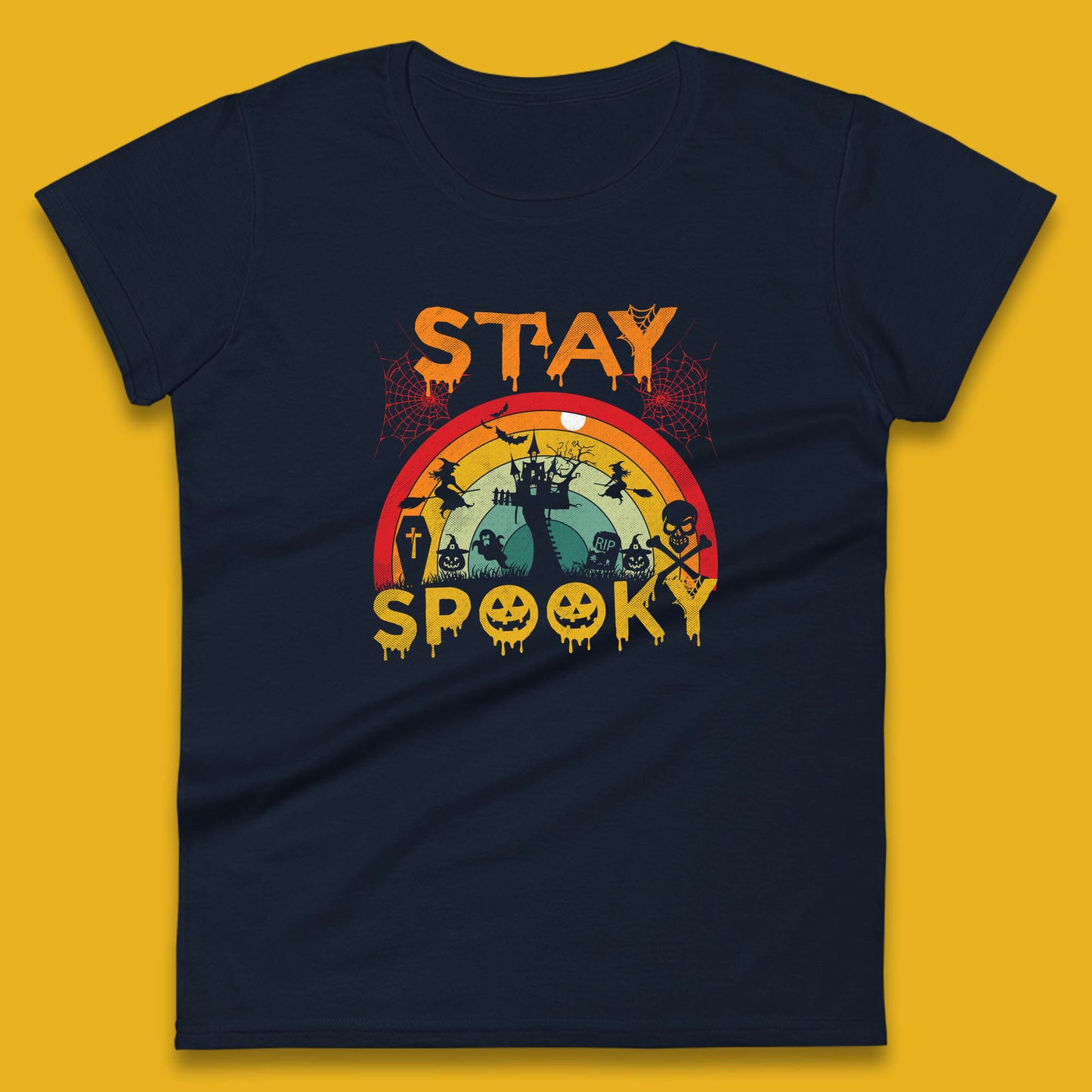 Stay Spooky Vintage Halloween Hunted House Dark Night Full Moon And Flying Bats Womens Tee Top