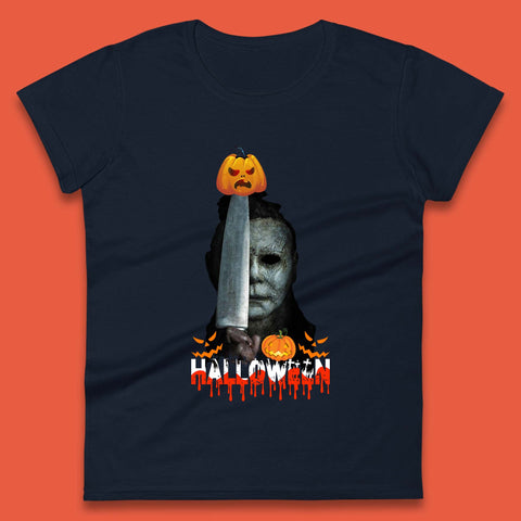 Halloween Michael Myers Holding Knife Pumpkin Horror Movie Character Serial Killer Womens Tee Top