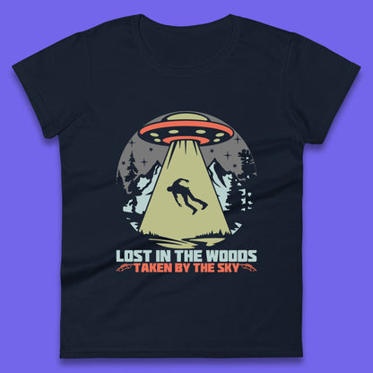 Lost In The Woods Taken By Sky Bigfoot Funny Sasquatch Getting Abducted By Aliens Camping Womens Tee Top