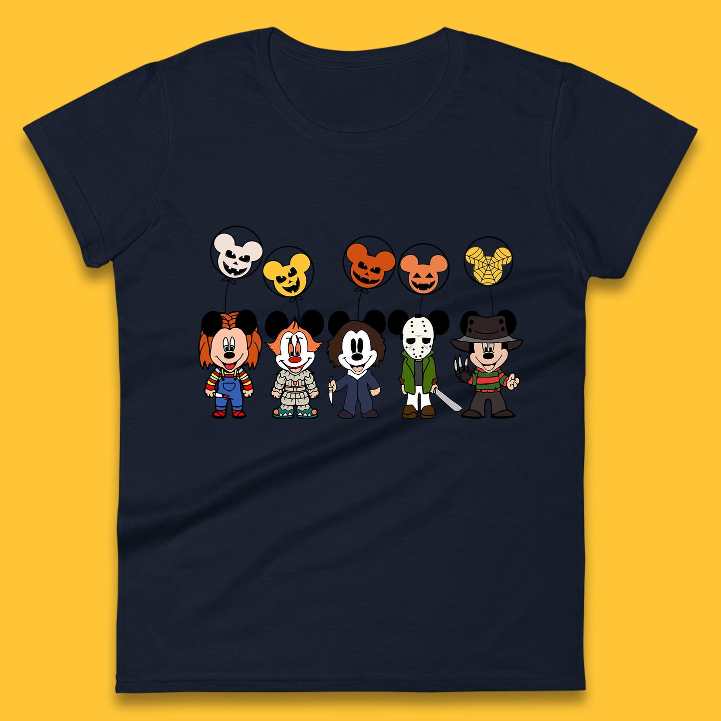 Disney Halloween Friends Horror Movie Characters Mickey Mouse Balloons Womens Tee Top